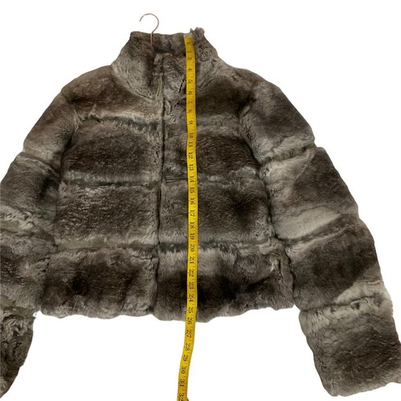 June Grey Reversible Rabbit Fur Jacket Leather Trim/polyester Side Jacket Size L - Picture 16 of 16